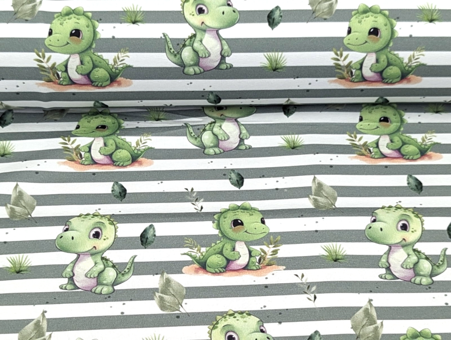 In-house production Cotton Jersey Little Dino on Green