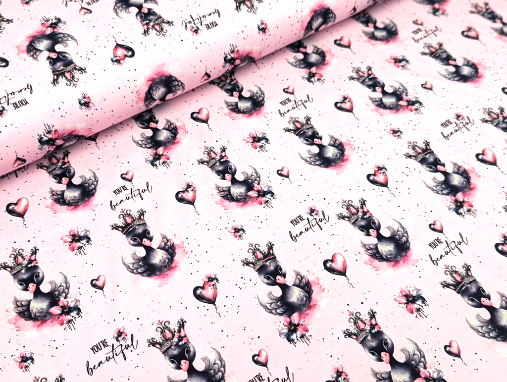 In-house production Cotton Jersey Princess Swan on Light Pink