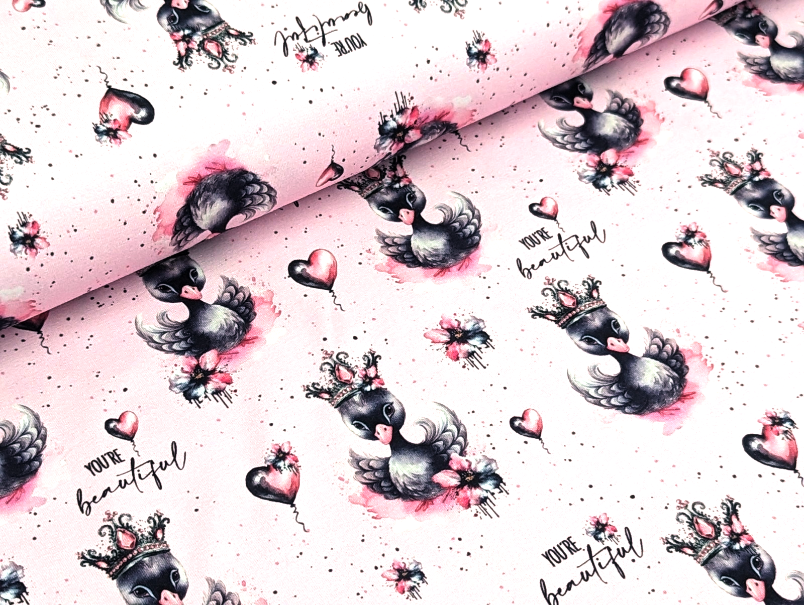 In-house production Cotton Jersey Princess Swan on Light Pink