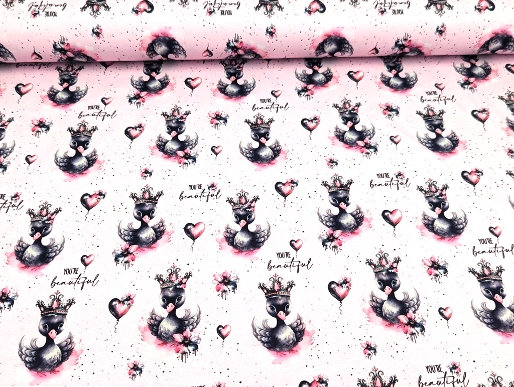 In-house production Cotton Jersey Princess Swan on Light Pink