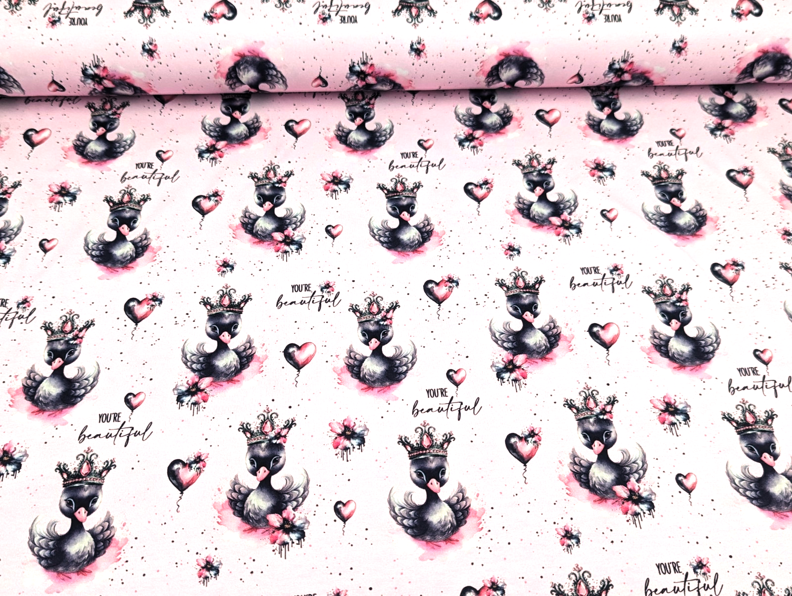 In-house production Cotton Jersey Princess Swan on Light Pink