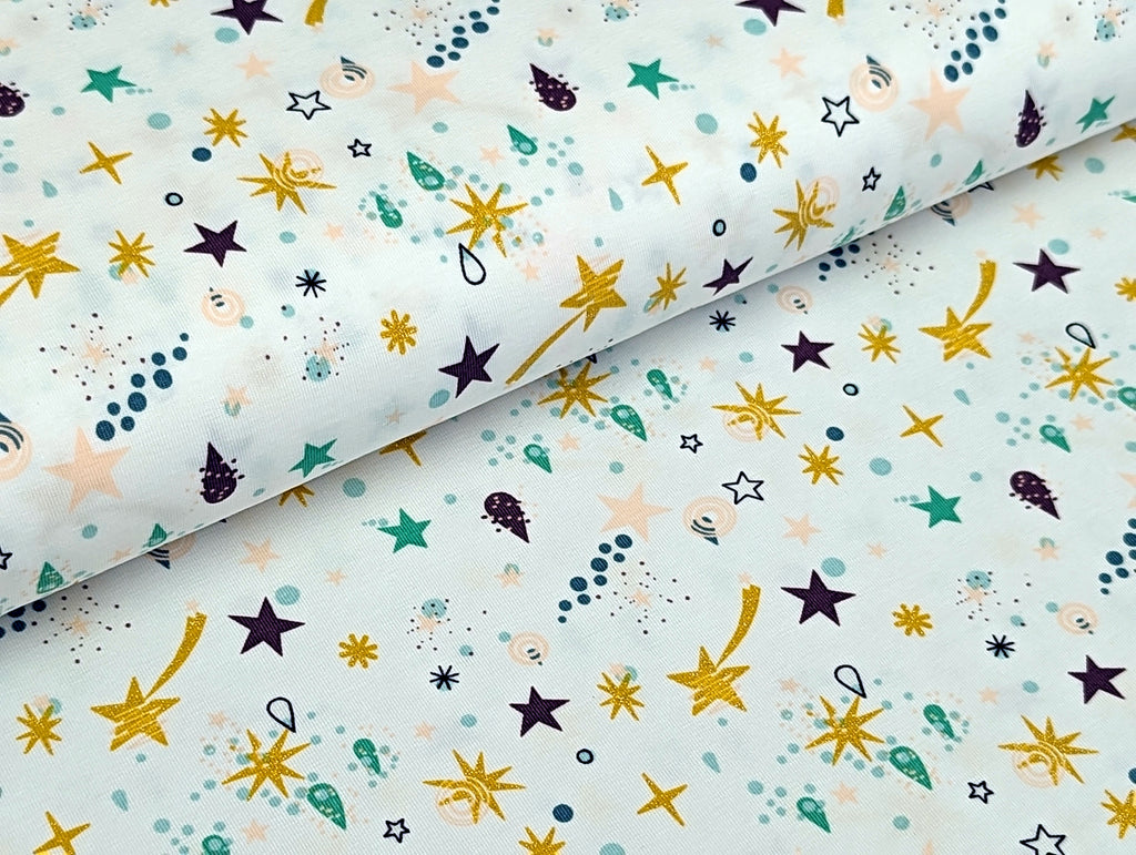 Cotton Jersey Shooting Stars Glitter Ochre White