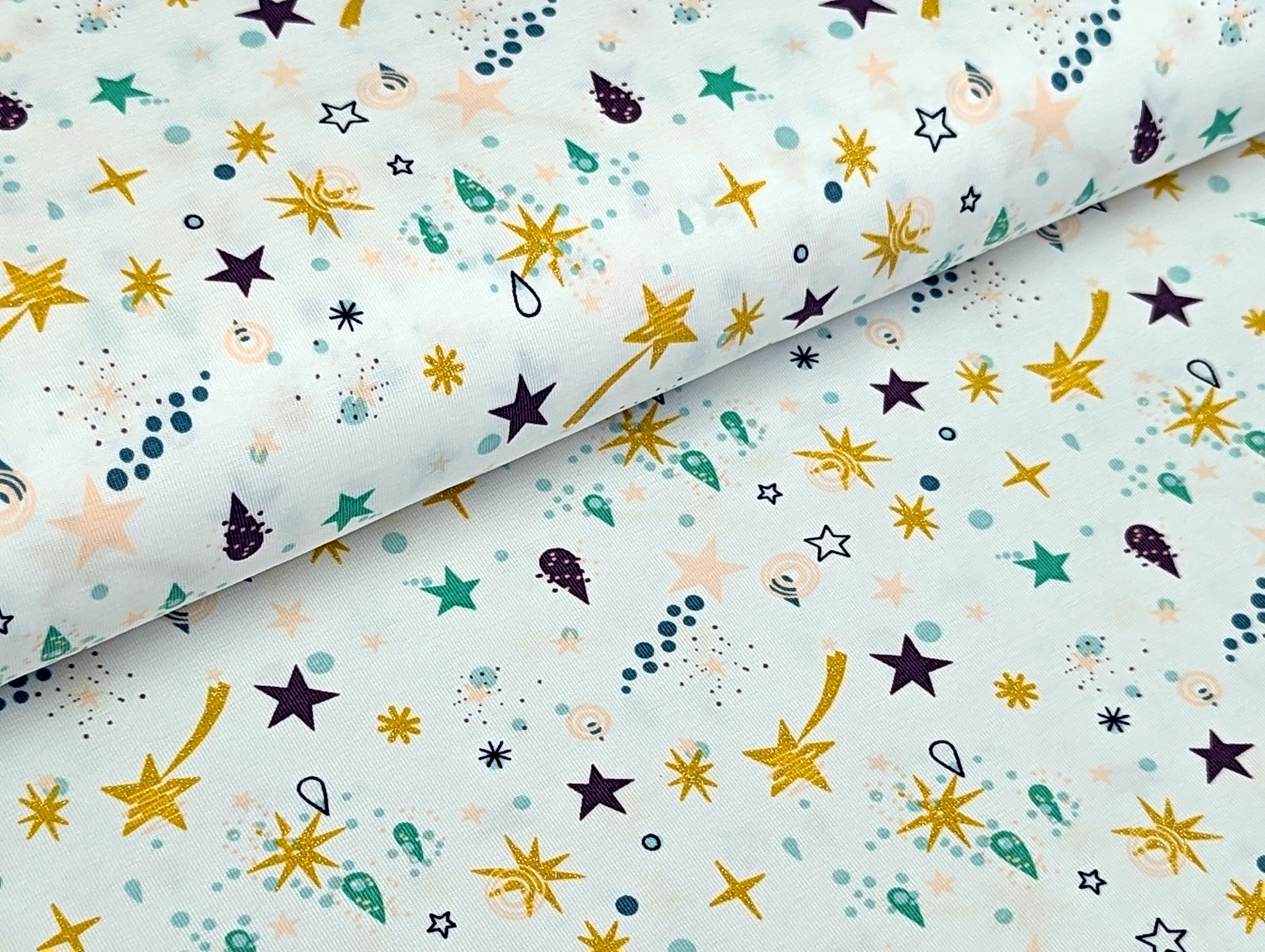 Cotton Jersey Shooting Stars Glitter Ochre White