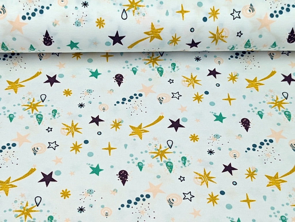 Cotton Jersey Shooting Stars Glitter Ochre White