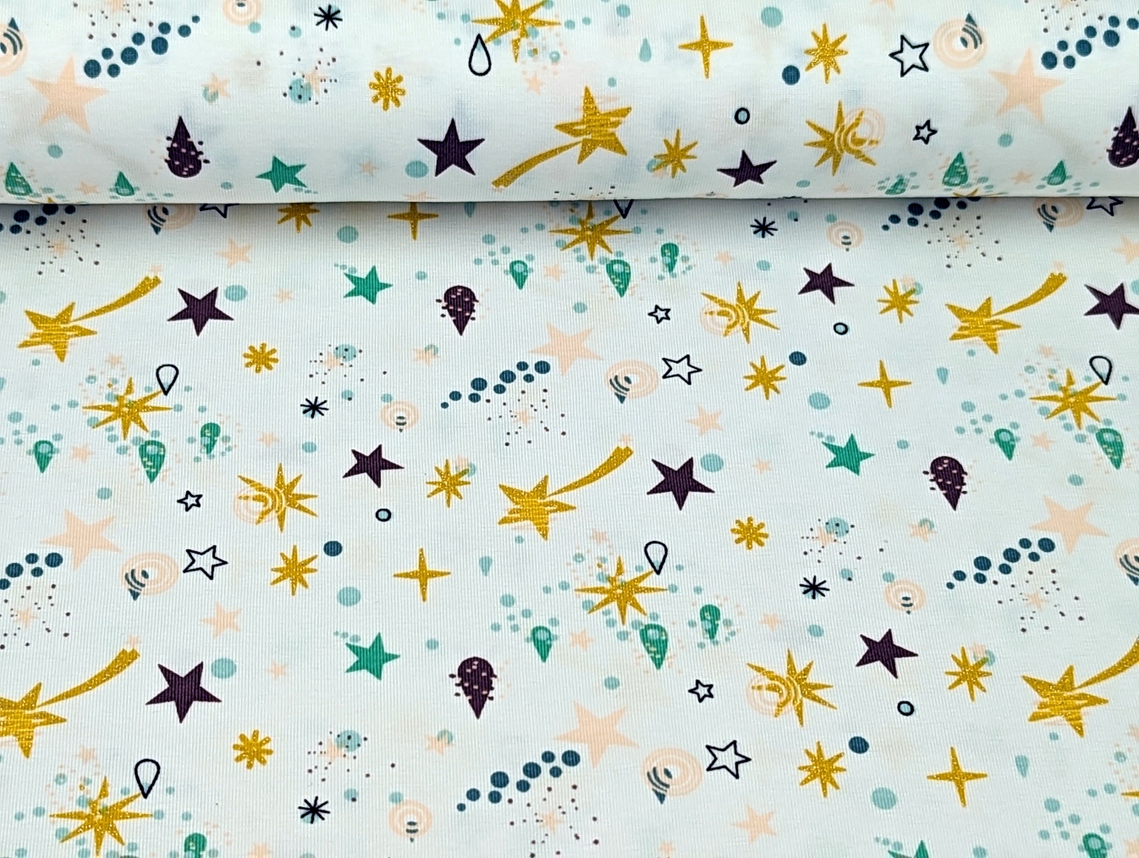 Cotton Jersey Shooting Stars Glitter Ochre White