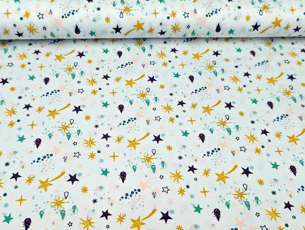 Cotton Jersey Shooting Stars Glitter Ochre White