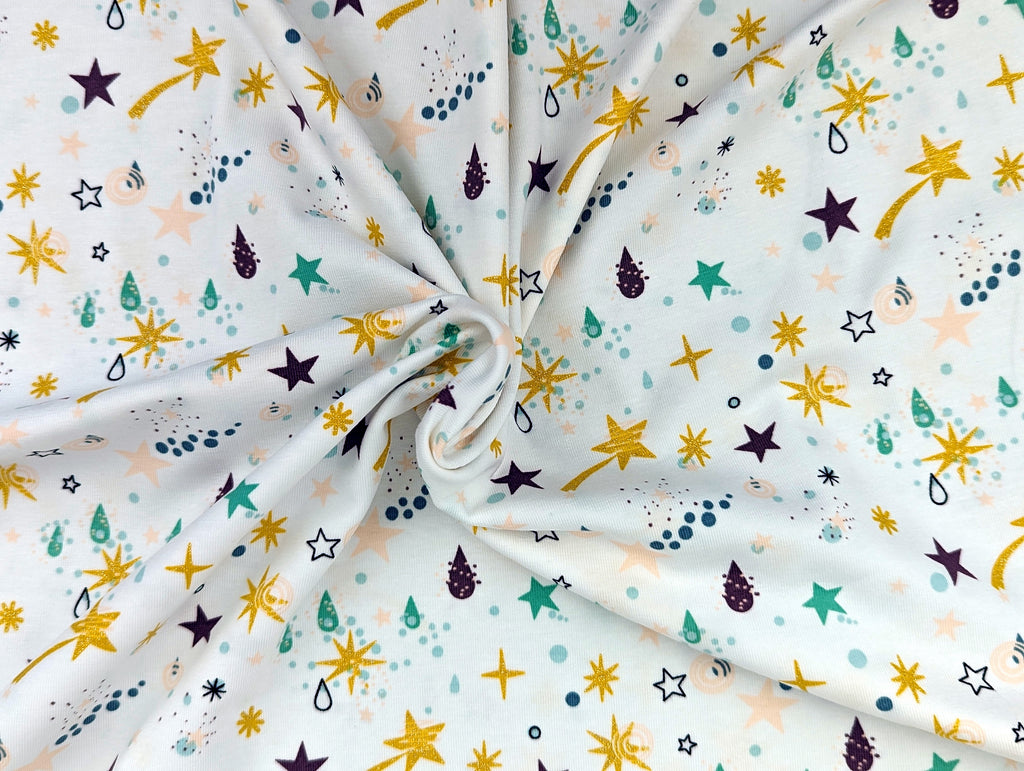 Cotton Jersey Shooting Stars Glitter Ochre White