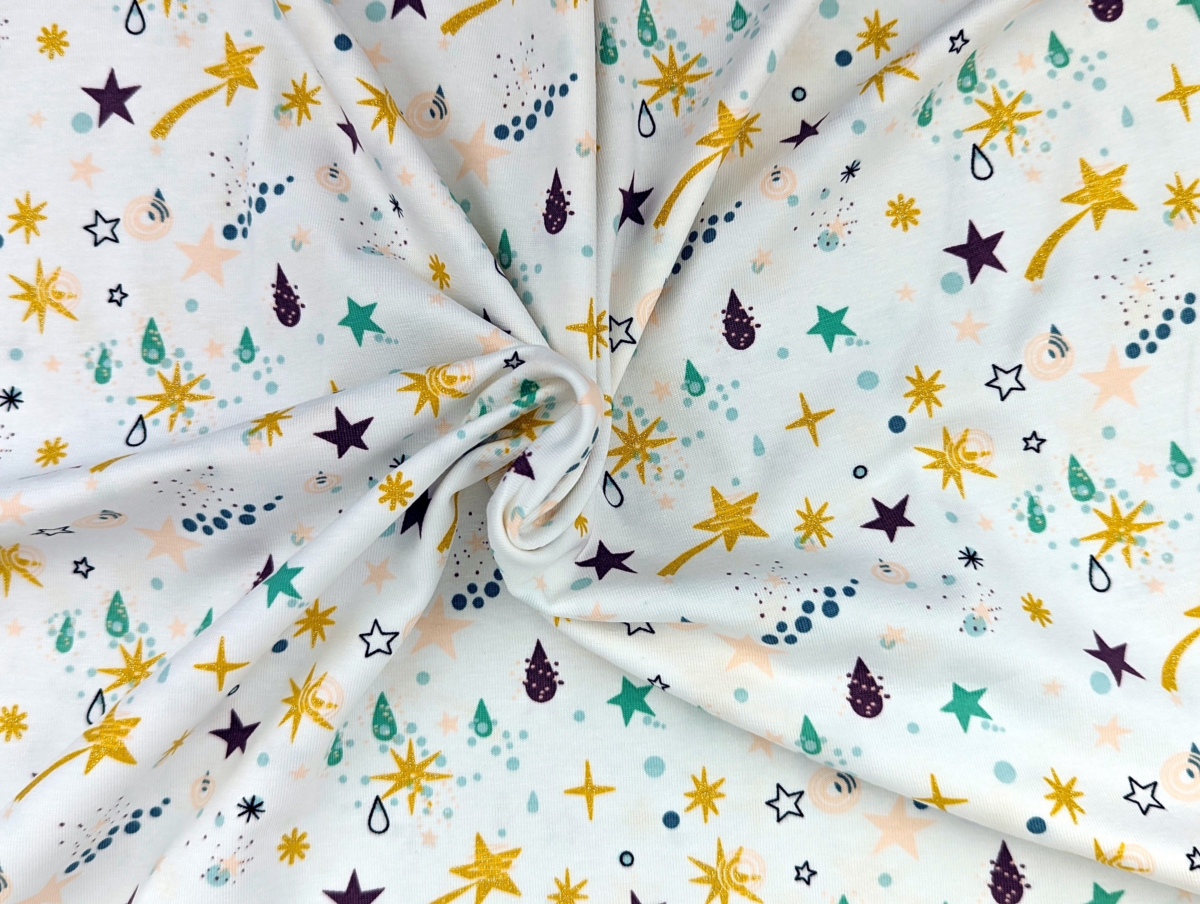 Cotton Jersey Shooting Stars Glitter Ochre White