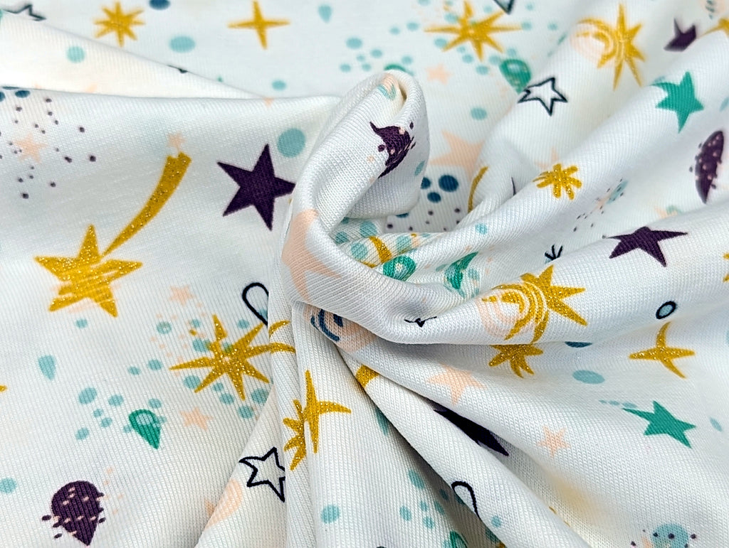 Cotton Jersey Shooting Stars Glitter Ochre White