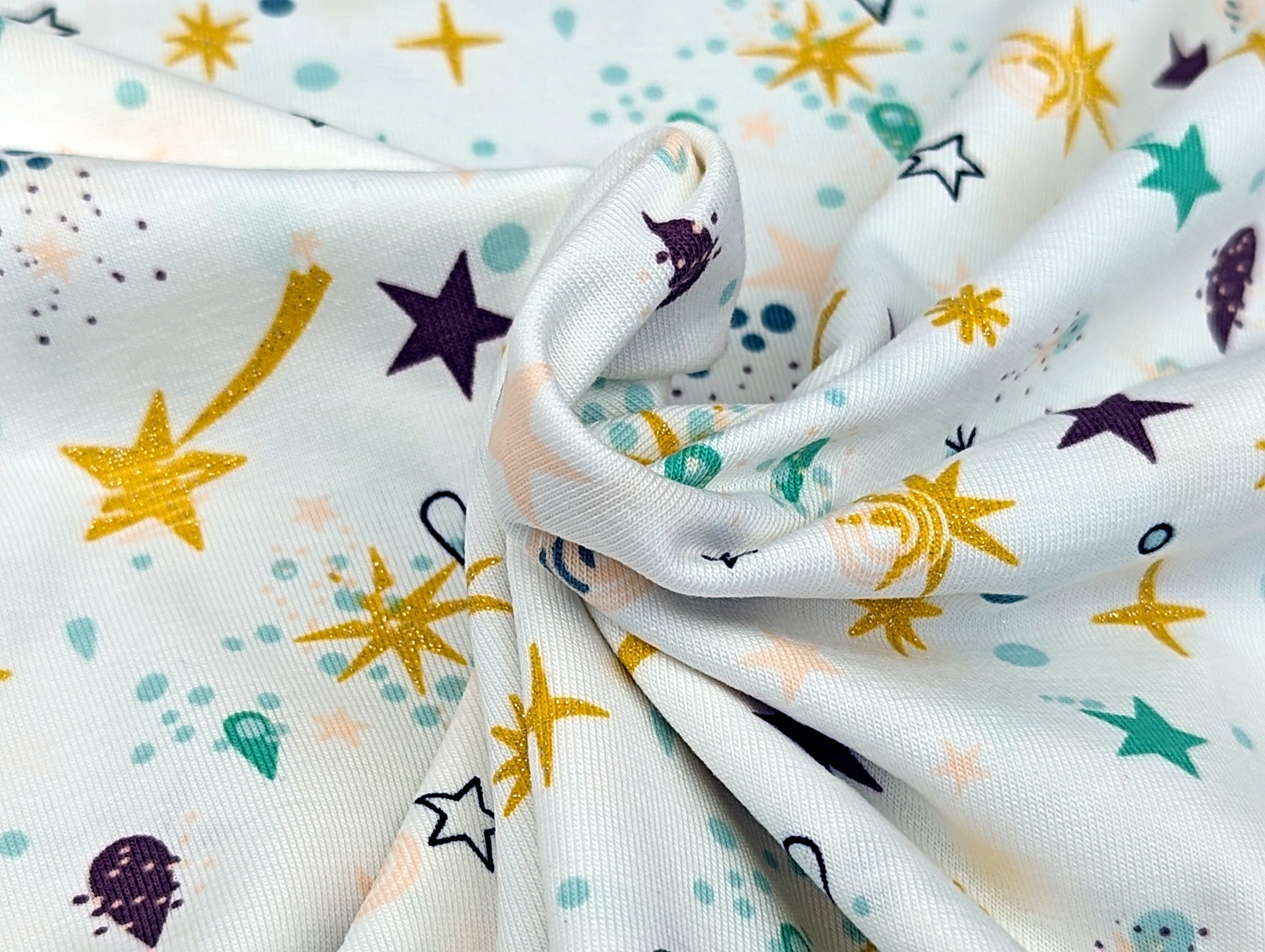 Cotton Jersey Shooting Stars Glitter Ochre White