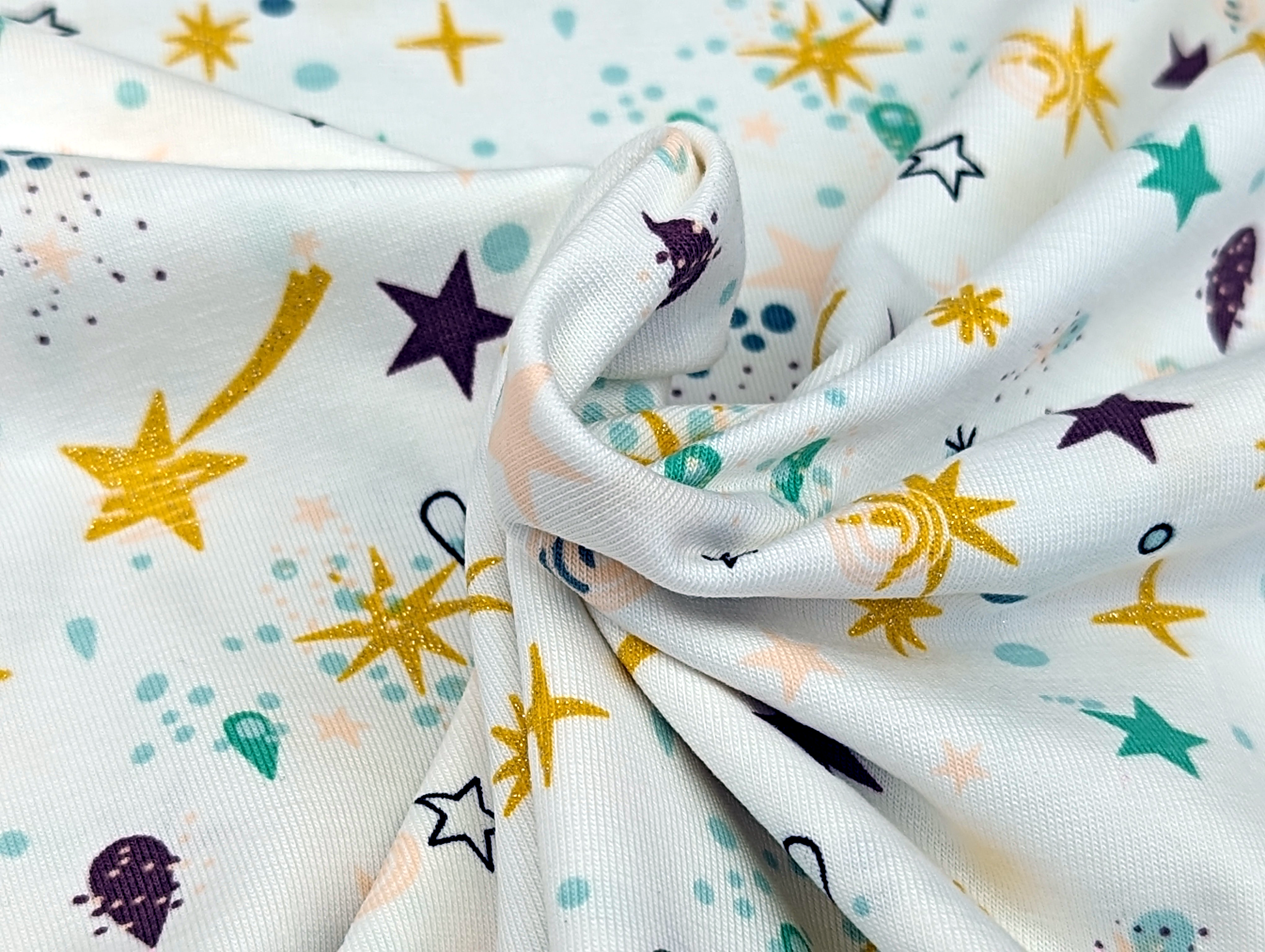 Cotton Jersey Shooting Stars Glitter Ochre White