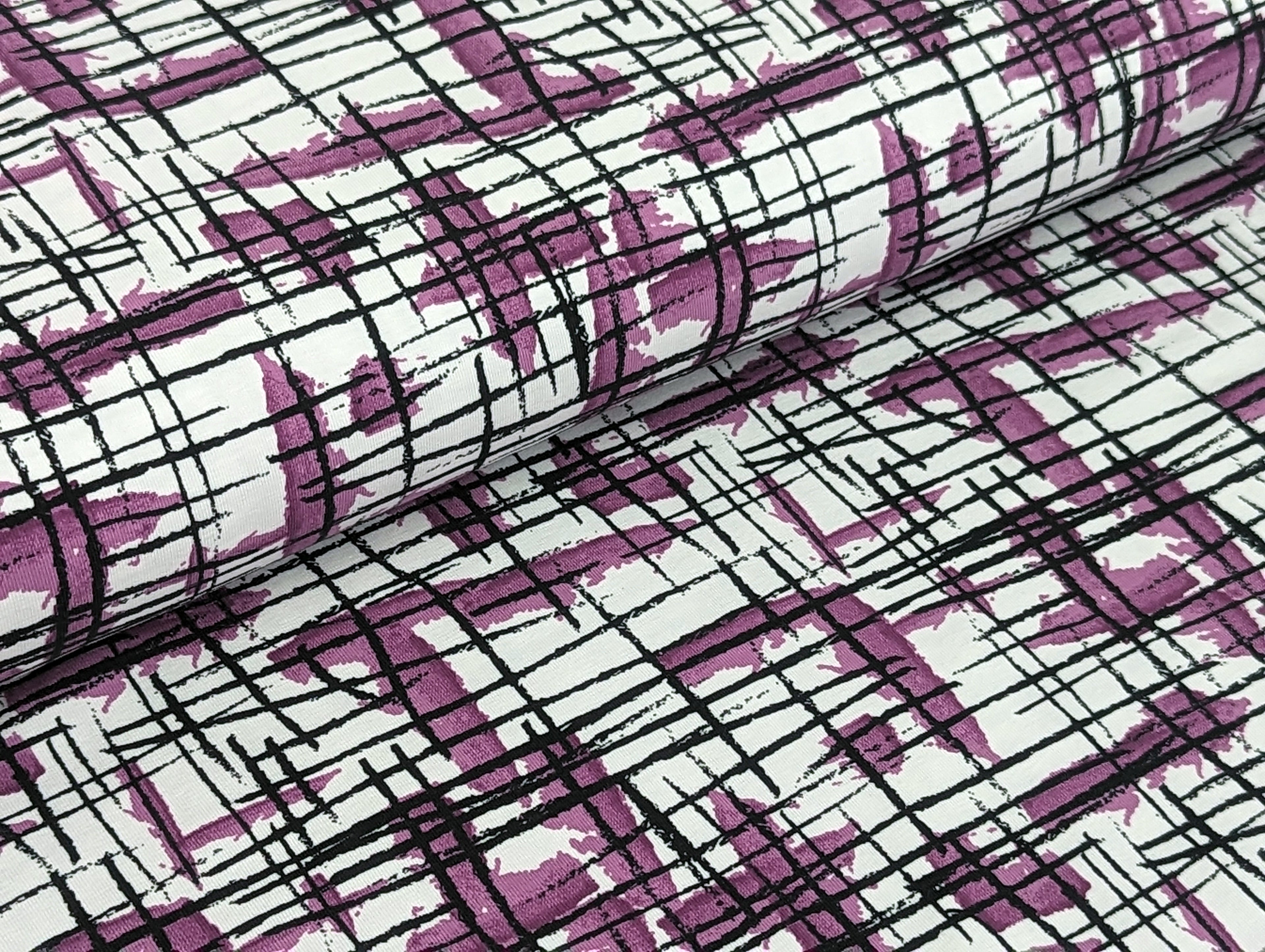 Cotton jersey painting stripes on purple on white