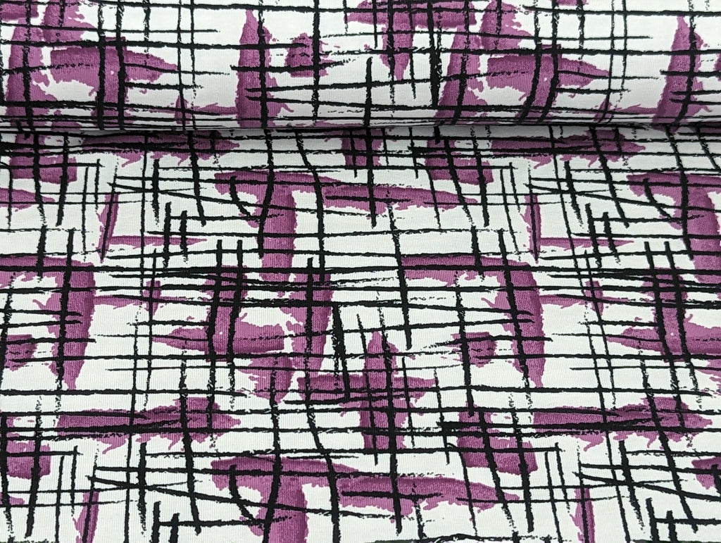 Cotton jersey painting stripes on purple on white