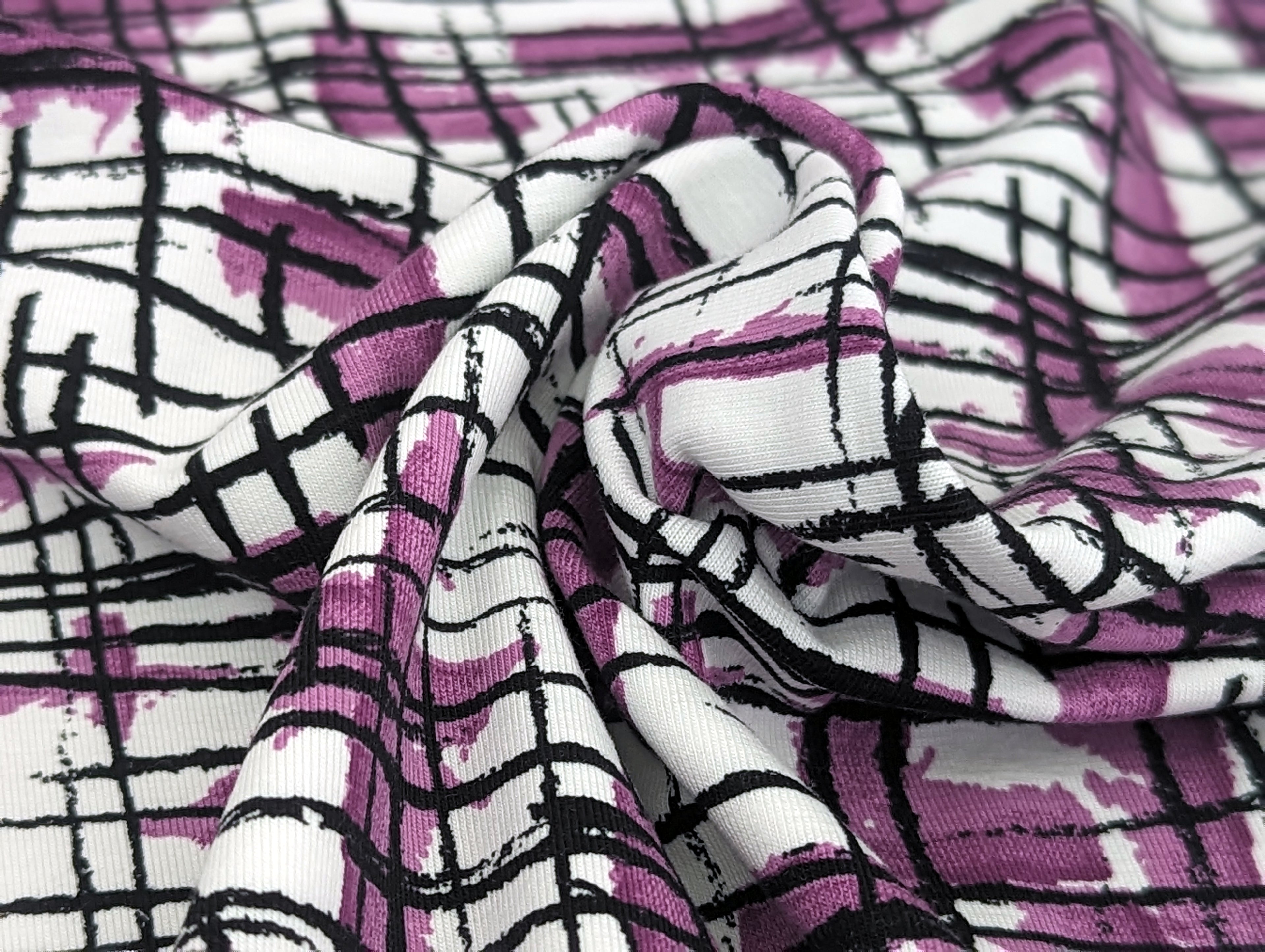 Cotton jersey painting stripes on purple on white