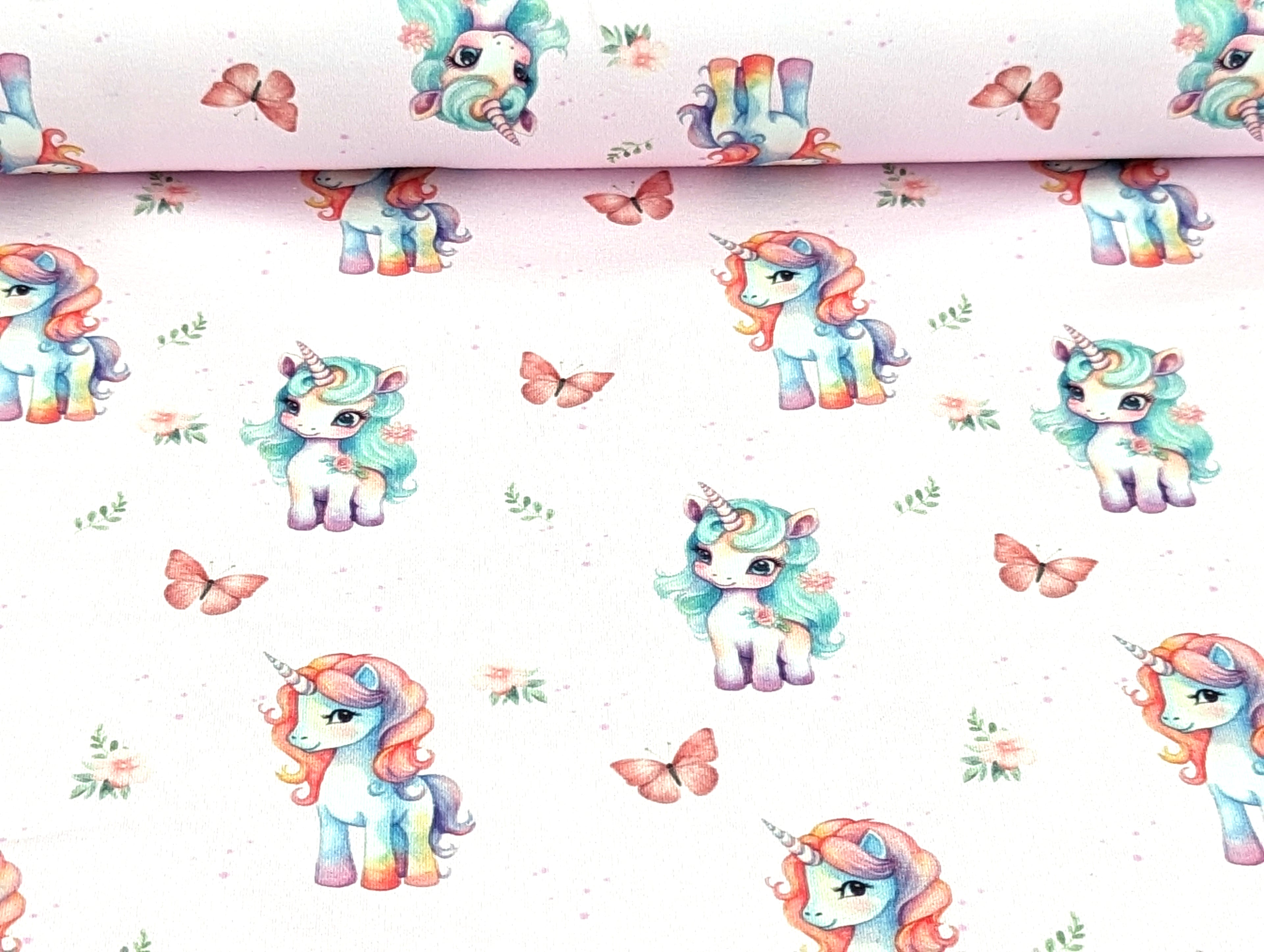 Eigenproduktion Baumwolljersey Sweet Wish Unicorn auf Hell Vanille