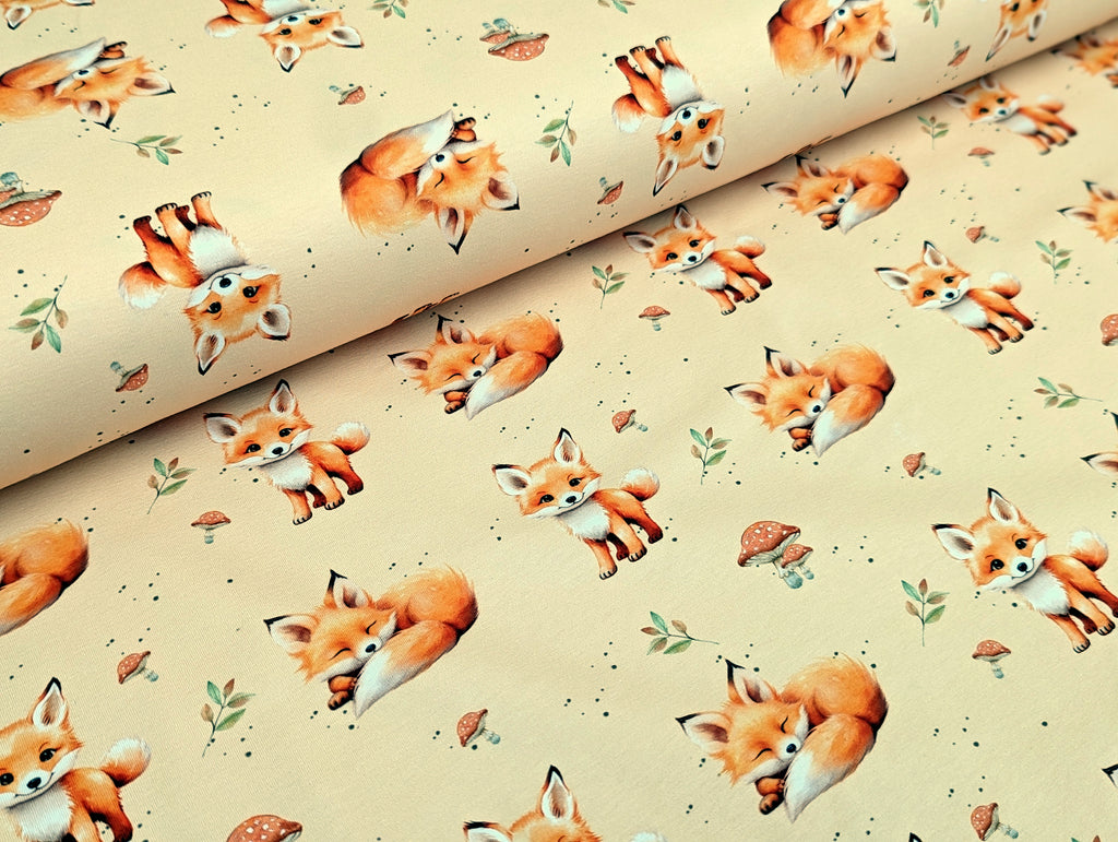 In-house production French Terry Sweet Baby Fox on Light Ocher