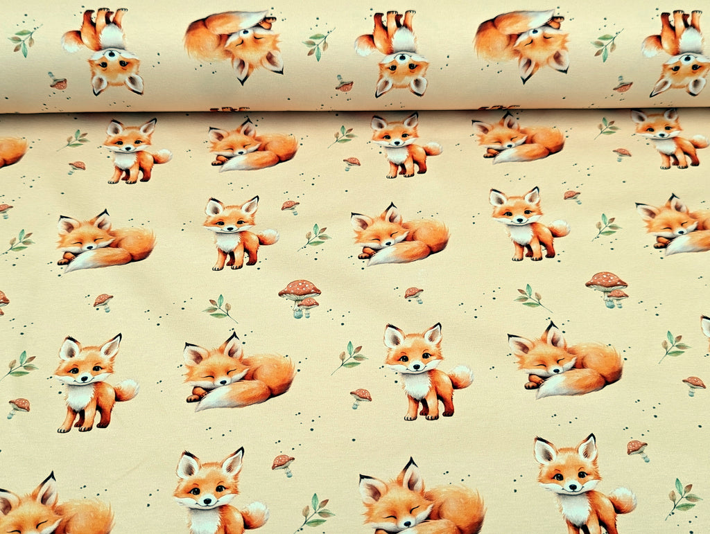 In-house production French Terry Sweet Baby Fox on Light Ocher