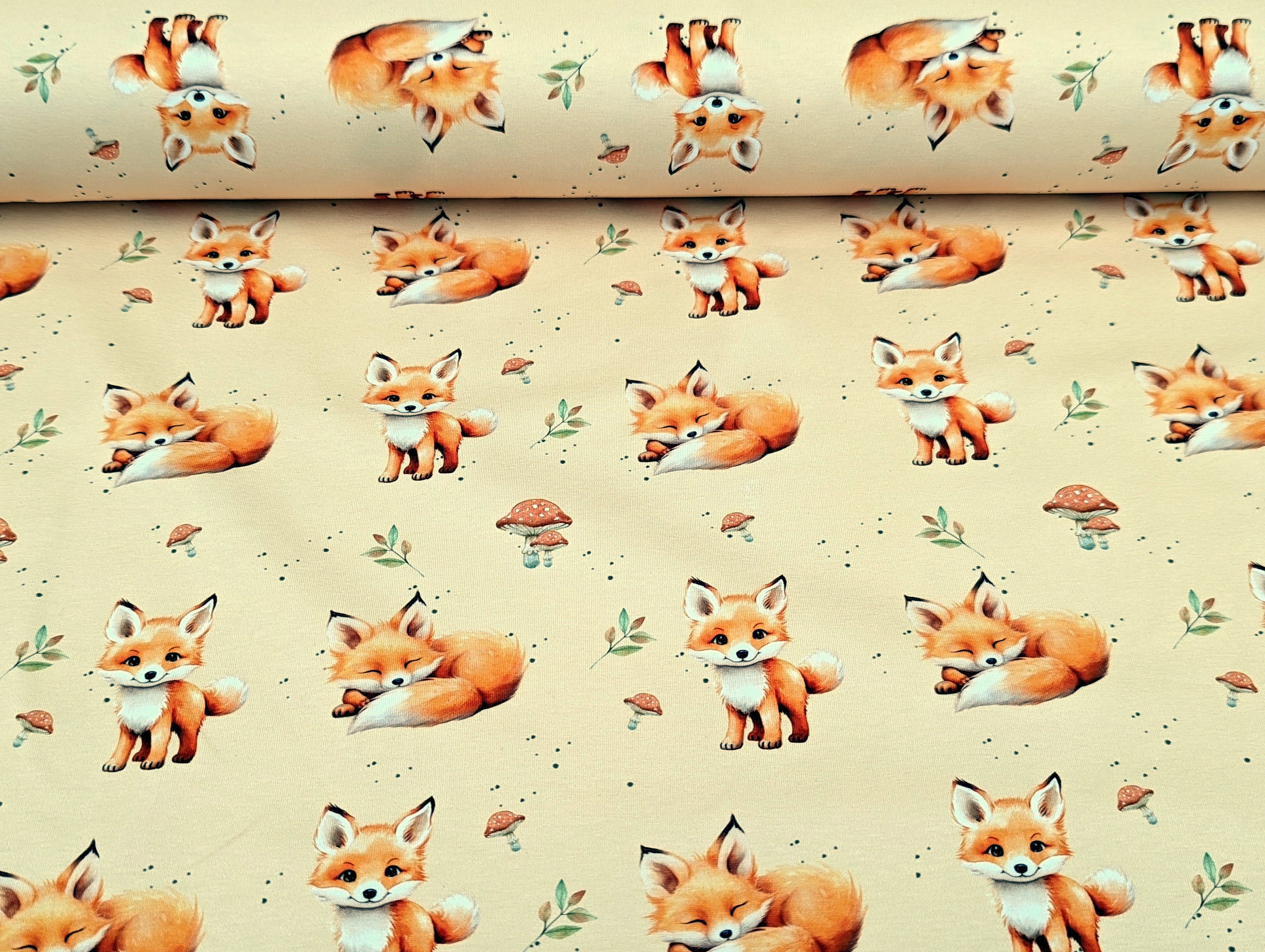 In-house production French Terry Sweet Baby Fox on Light Ocher