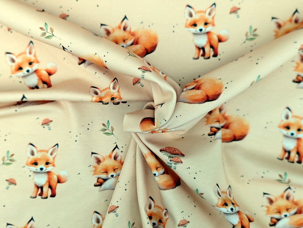 In-house production French Terry Sweet Baby Fox on Light Ocher