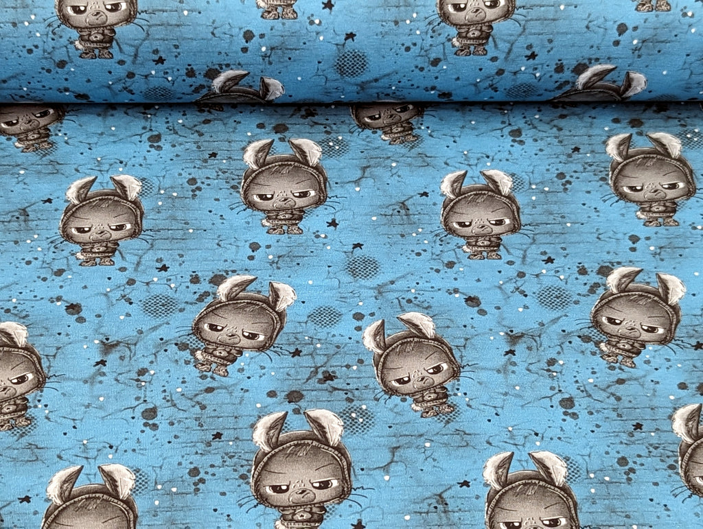 In-house Production Cotton Jersey Little Bunny Rebel on Turquoise