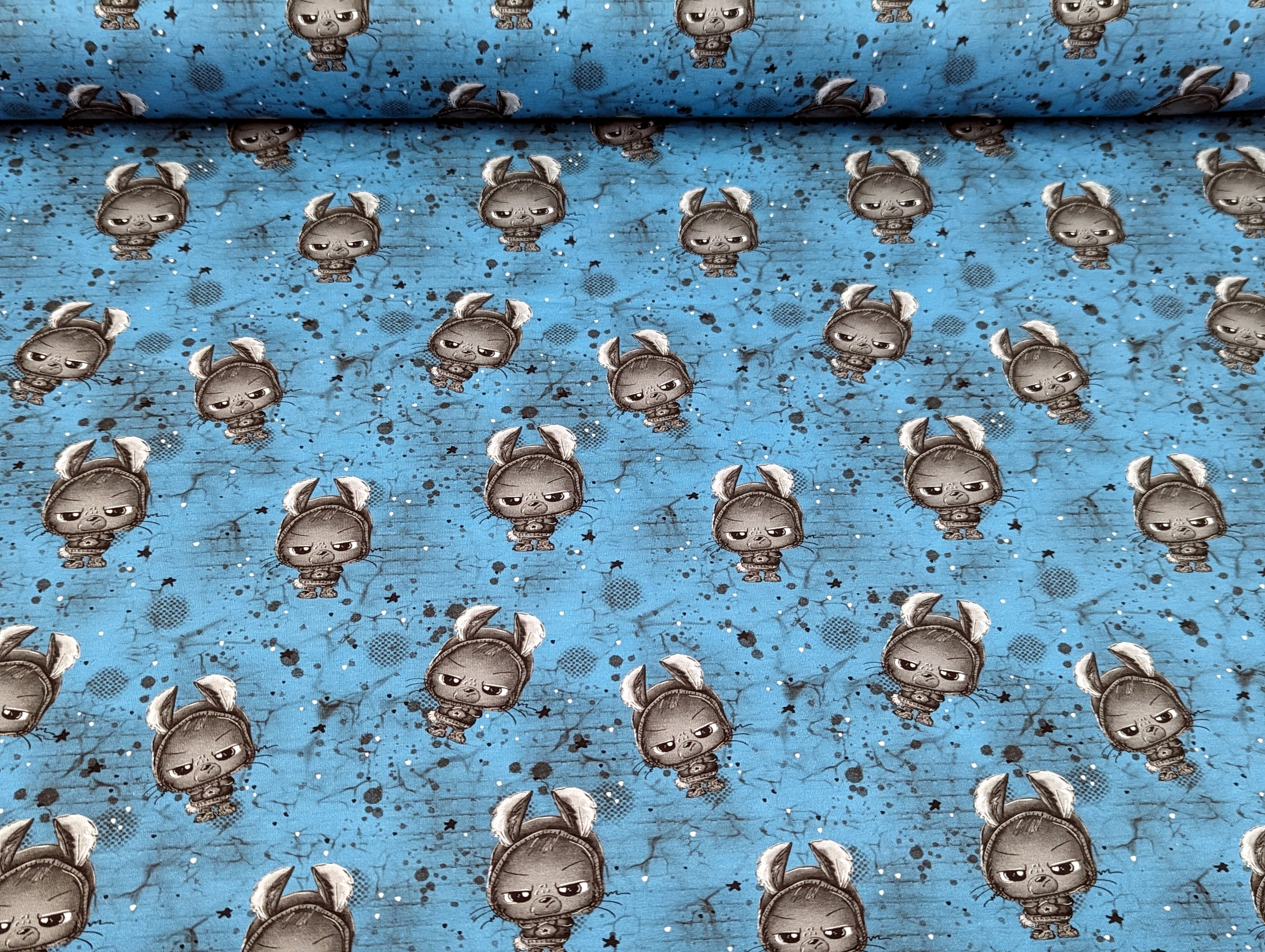 In-house Production Cotton Jersey Little Bunny Rebel on Turquoise