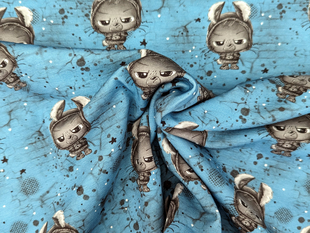 In-house Production Cotton Jersey Little Bunny Rebel on Turquoise