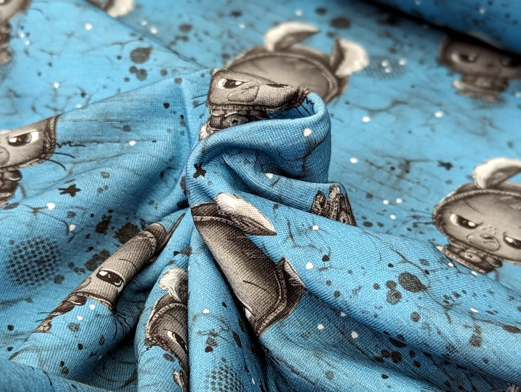 In-house Production Cotton Jersey Little Bunny Rebel on Turquoise