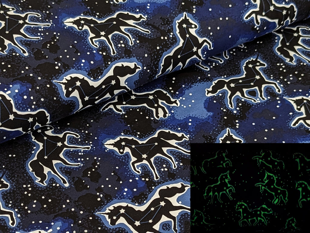 Cotton Jersey Glow in the Dark Unicorns on Blue / Night Blue "Luminous"