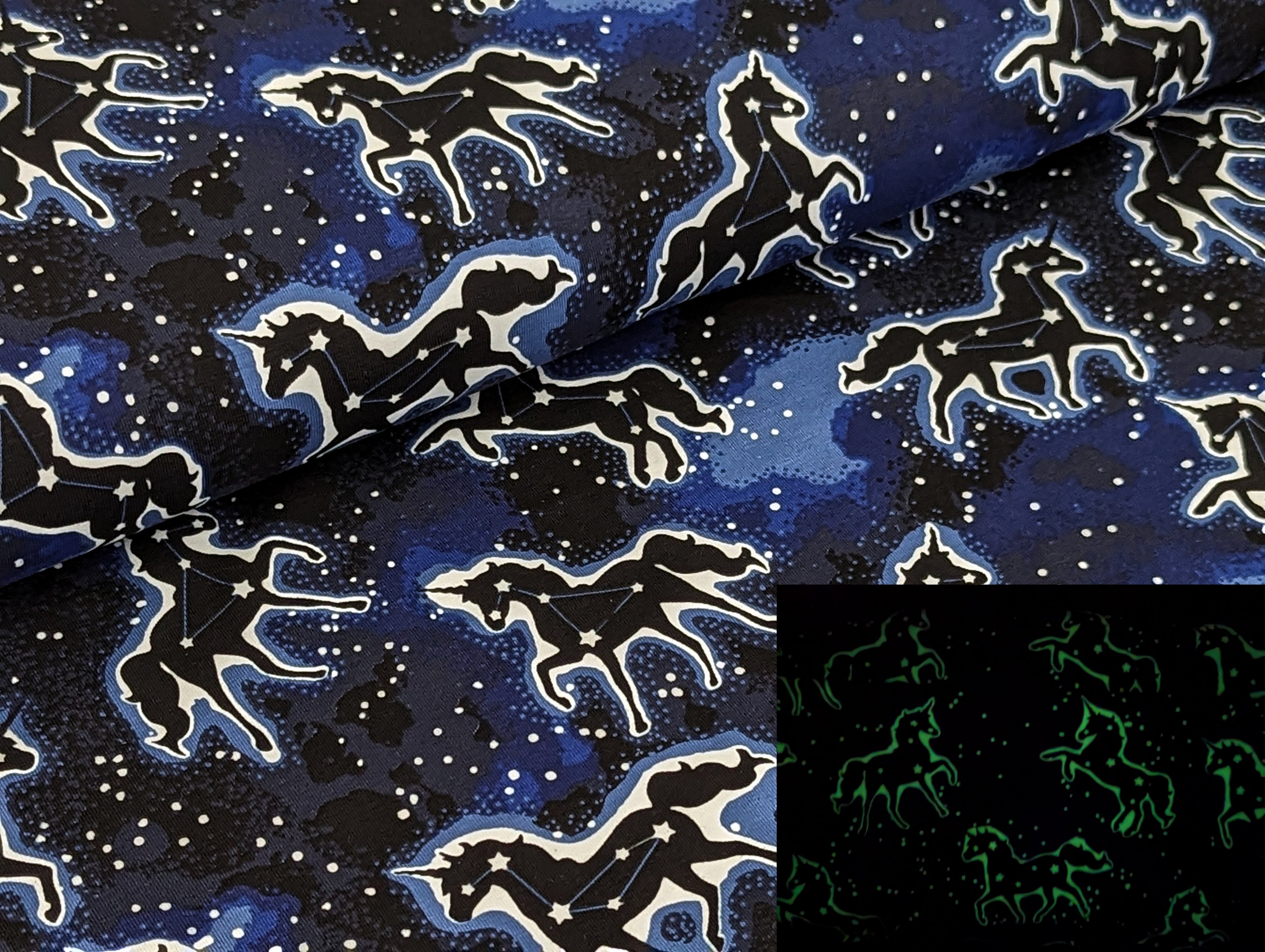 Cotton Jersey Glow in the Dark Unicorns on Blue / Night Blue "Luminous"