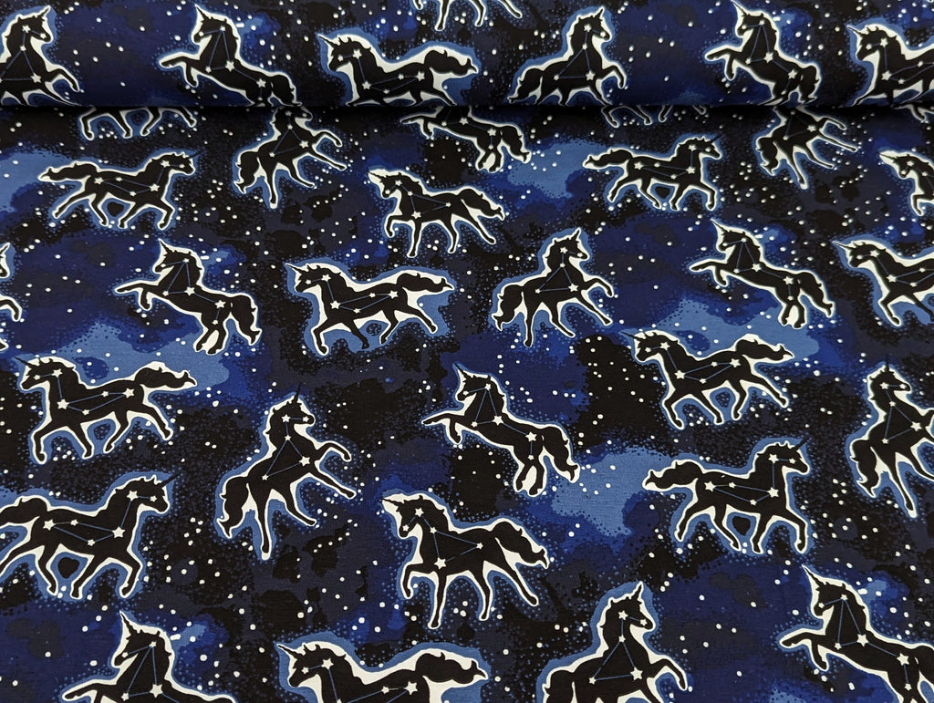Cotton Jersey Glow in the Dark Unicorns on Blue / Night Blue "Luminous"