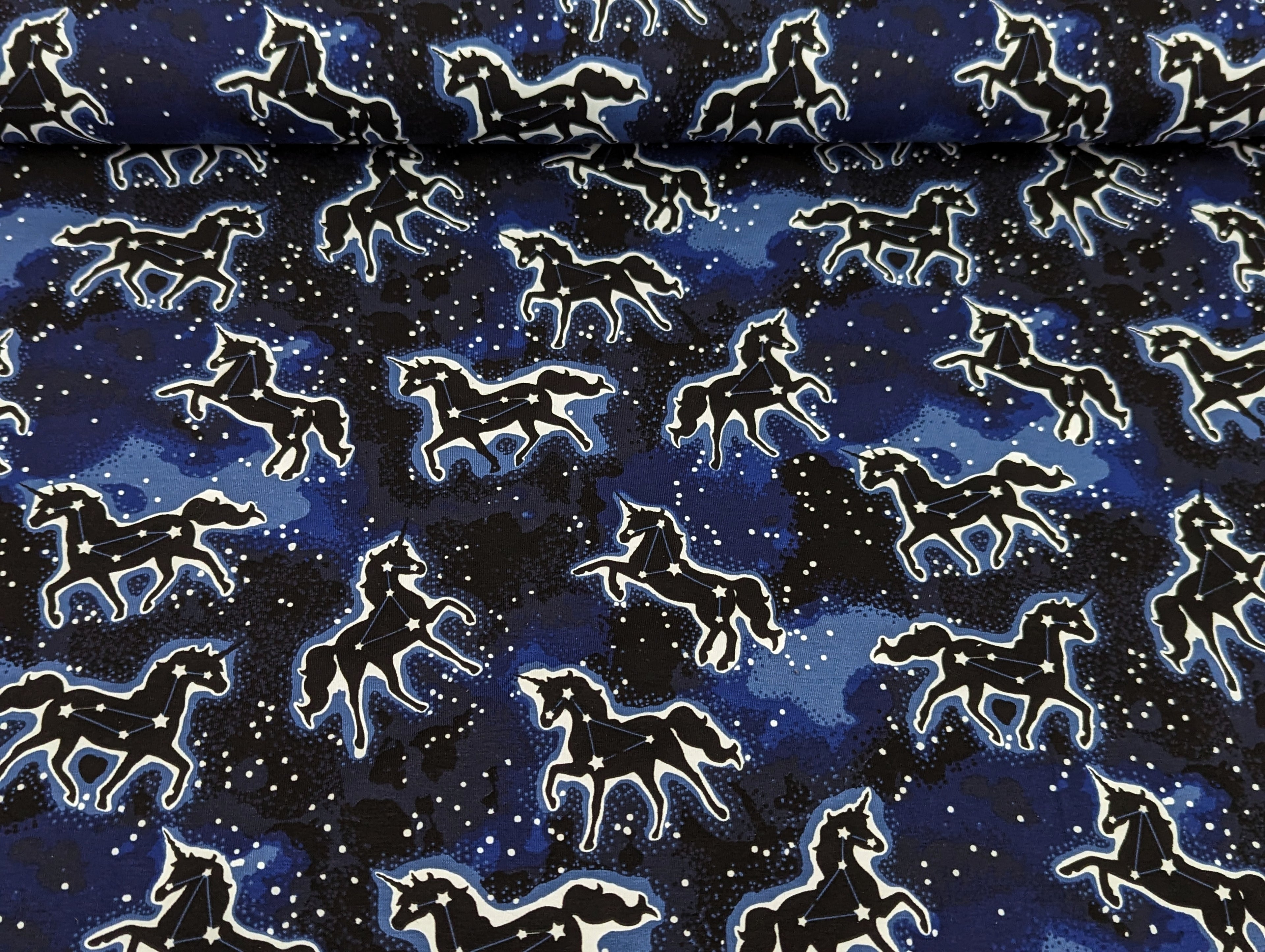 Cotton Jersey Glow in the Dark Unicorns on Blue / Night Blue "Luminous"