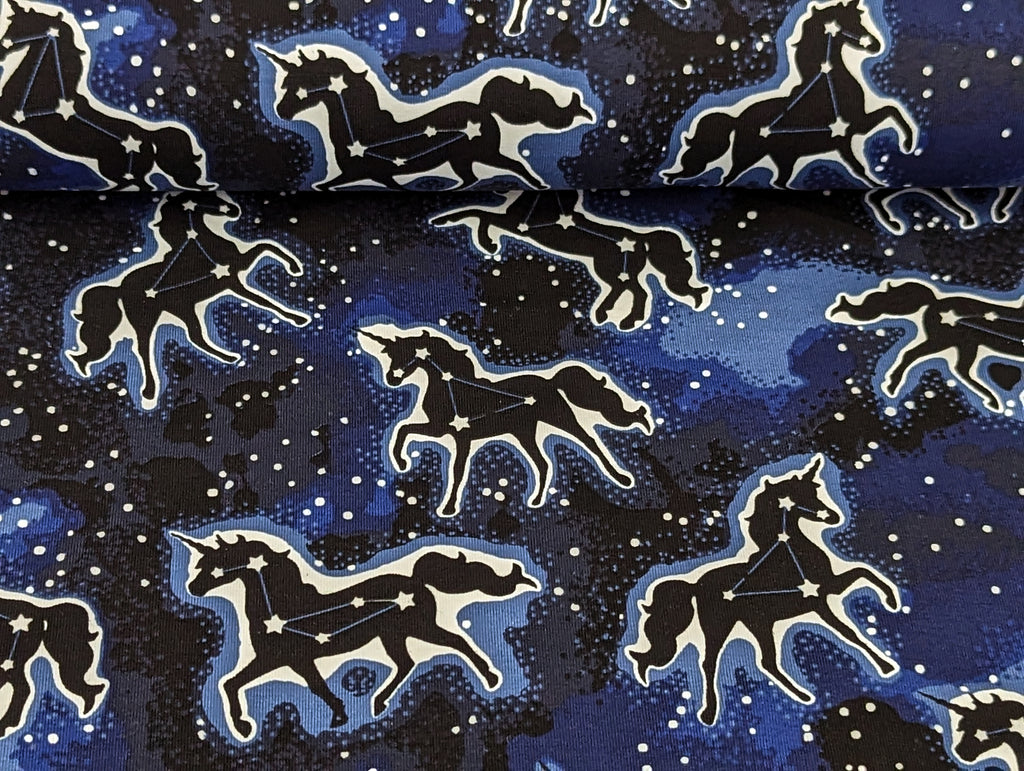 Cotton Jersey Glow in the Dark Unicorns on Blue / Night Blue "Luminous"