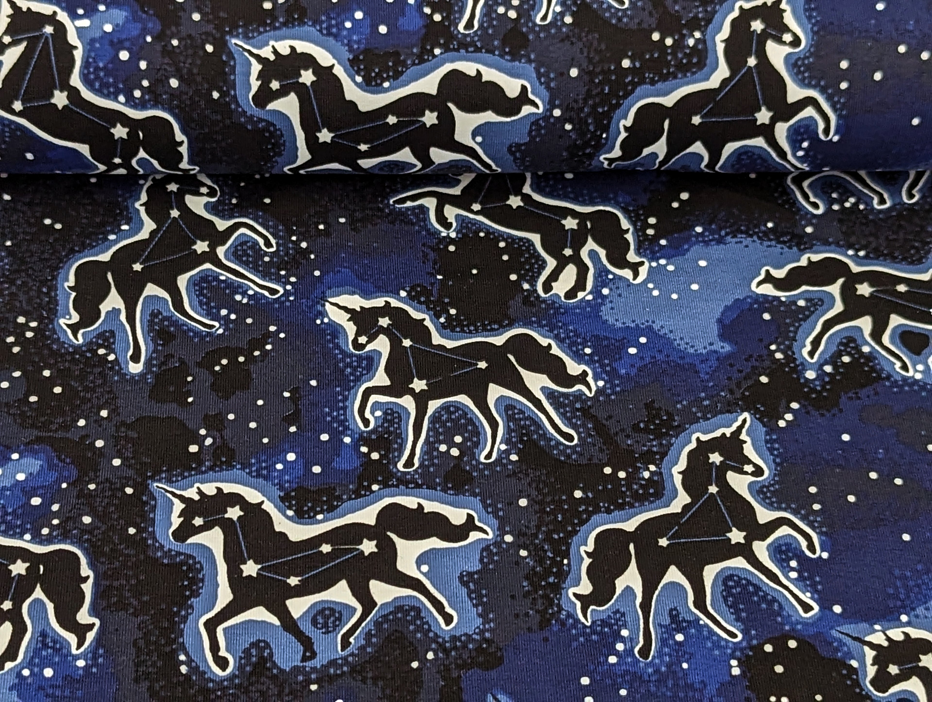 Cotton Jersey Glow in the Dark Unicorns on Blue / Night Blue "Luminous"