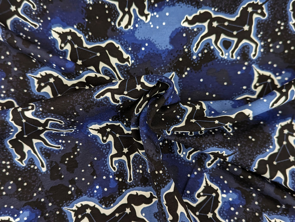Cotton Jersey Glow in the Dark Unicorns on Blue / Night Blue "Luminous"