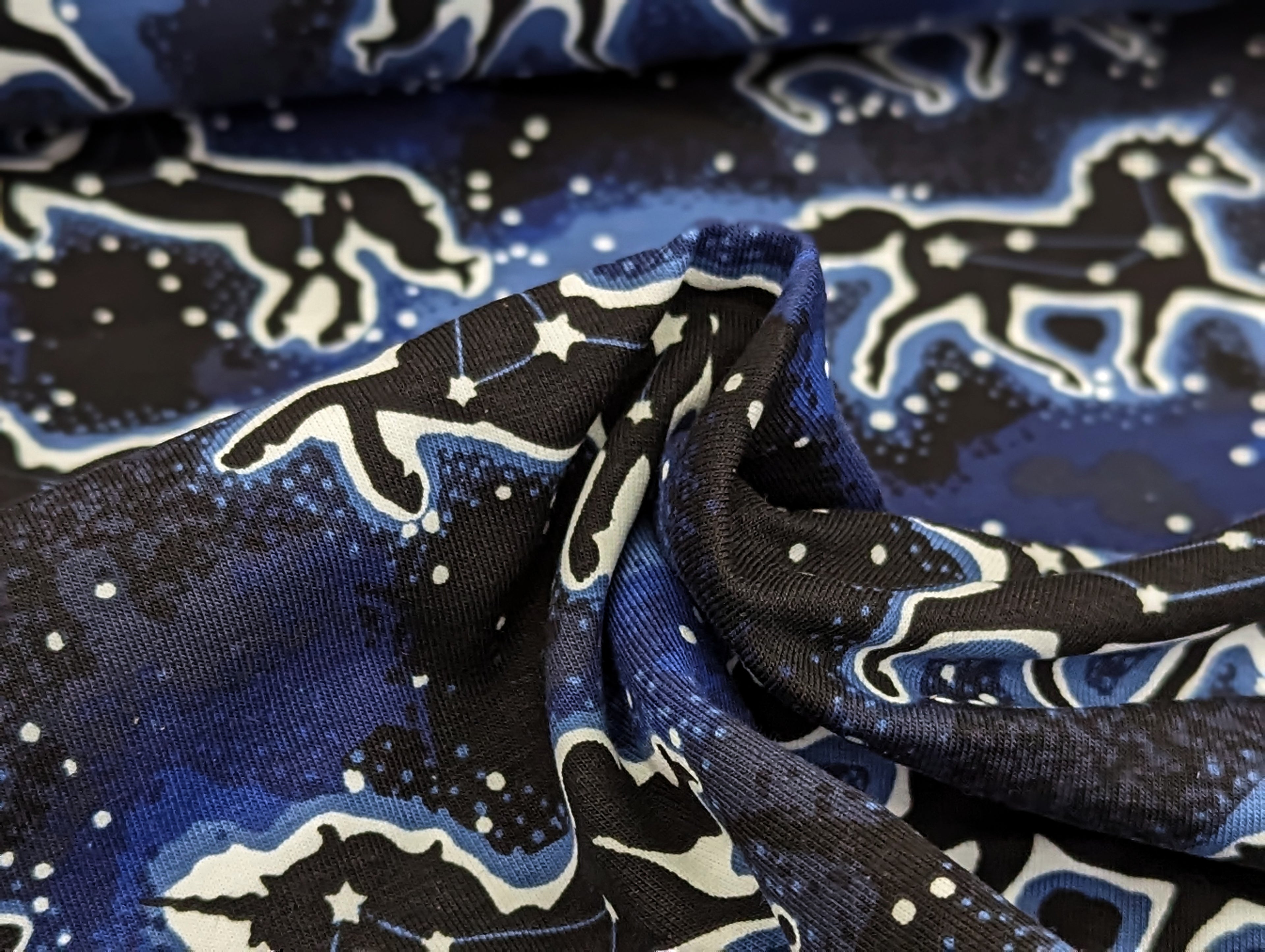 Cotton Jersey Glow in the Dark Unicorns on Blue / Night Blue "Luminous"