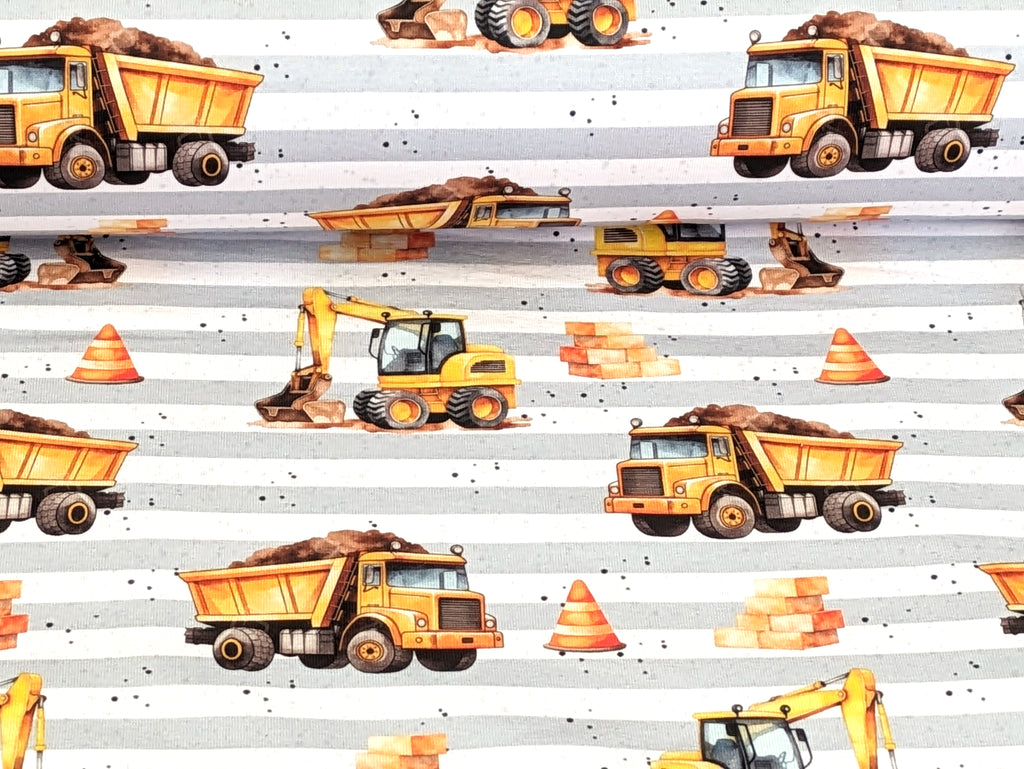 In-house production French Terry Construction Vehicles Stripes on Light Grey