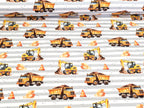 In-house production French Terry Construction Vehicles Stripes on Light Grey
