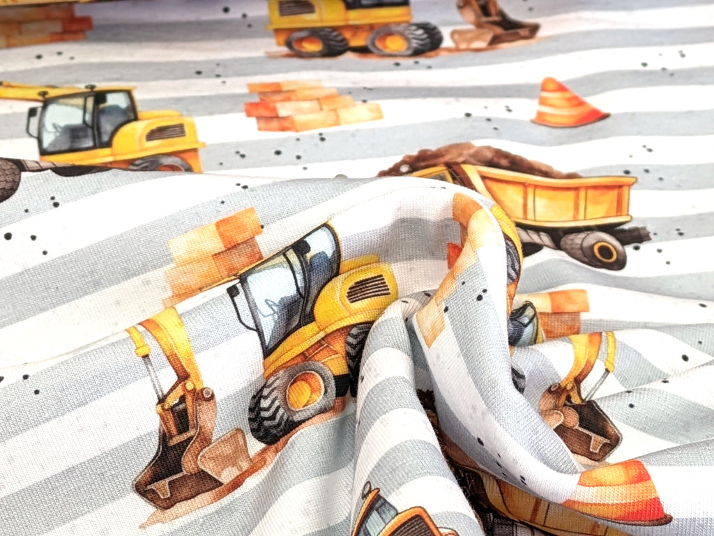 Eigenproduktion Baumwolljersey Baustellen Fahrzeuge Streifen auf Hellgrau
