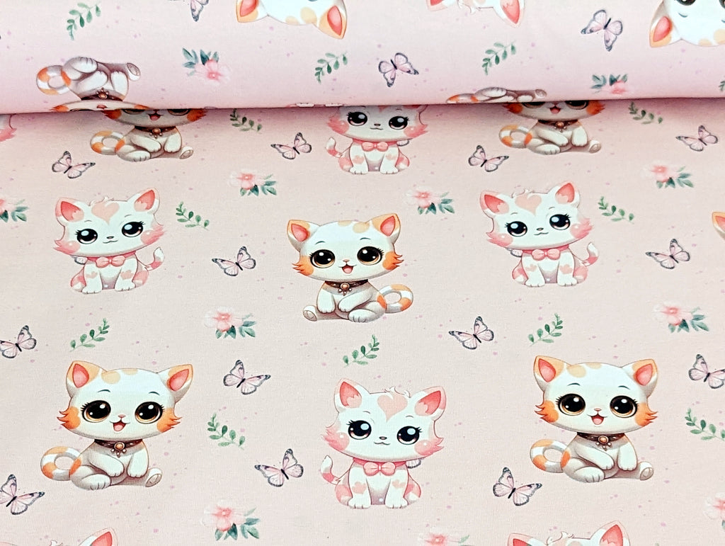 Eigenproduktion Baumwolljersey Katzen Kind mit Schmetterlingen Hellrosa