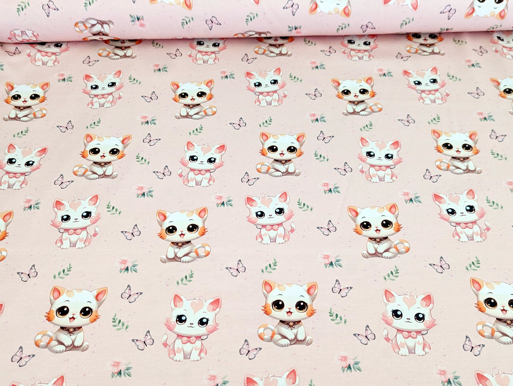 Eigenproduktion Baumwolljersey Katzen Kind mit Schmetterlingen Hellrosa