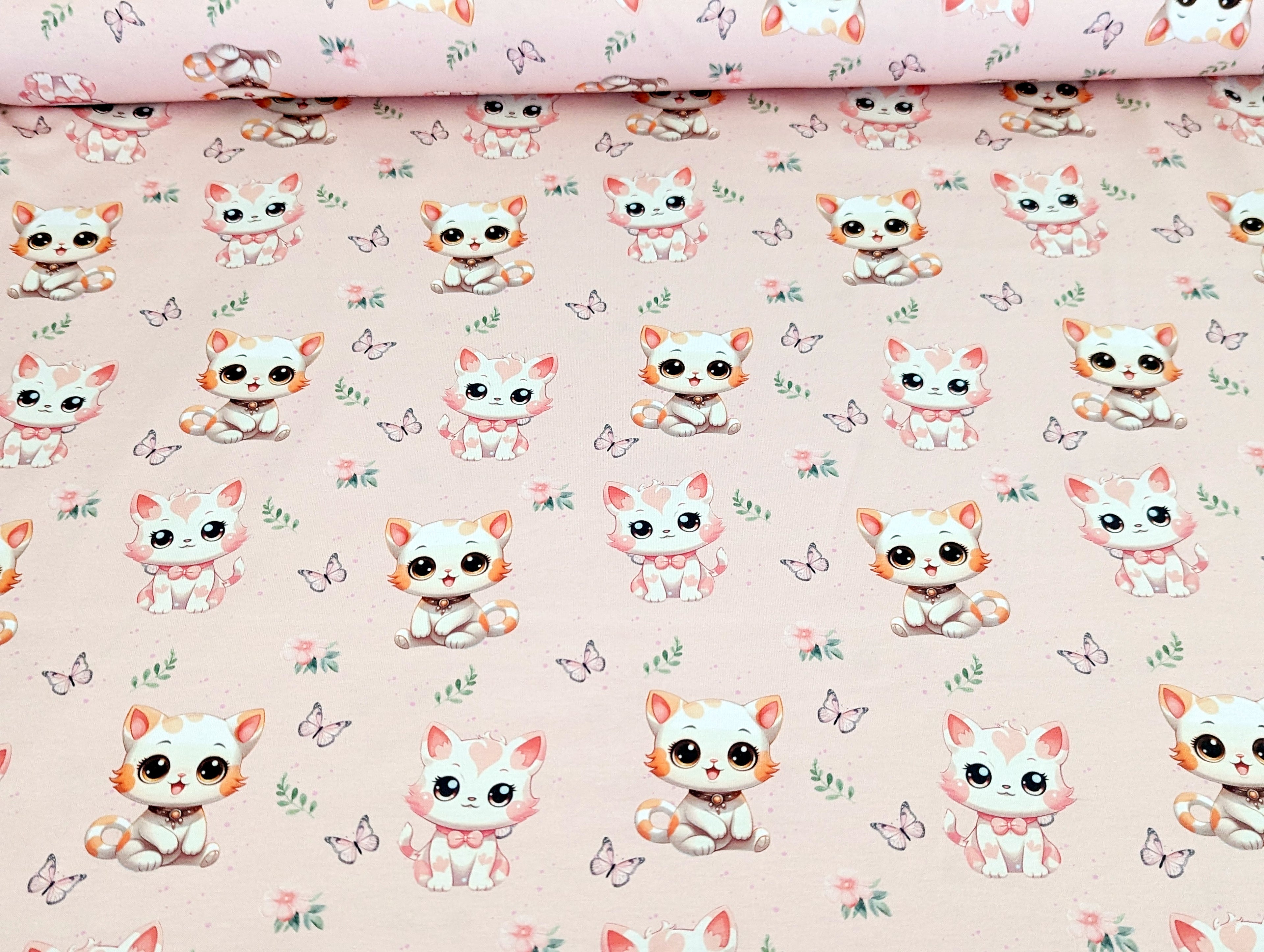 Eigenproduktion Baumwolljersey Katzen Kind mit Schmetterlingen Hellrosa