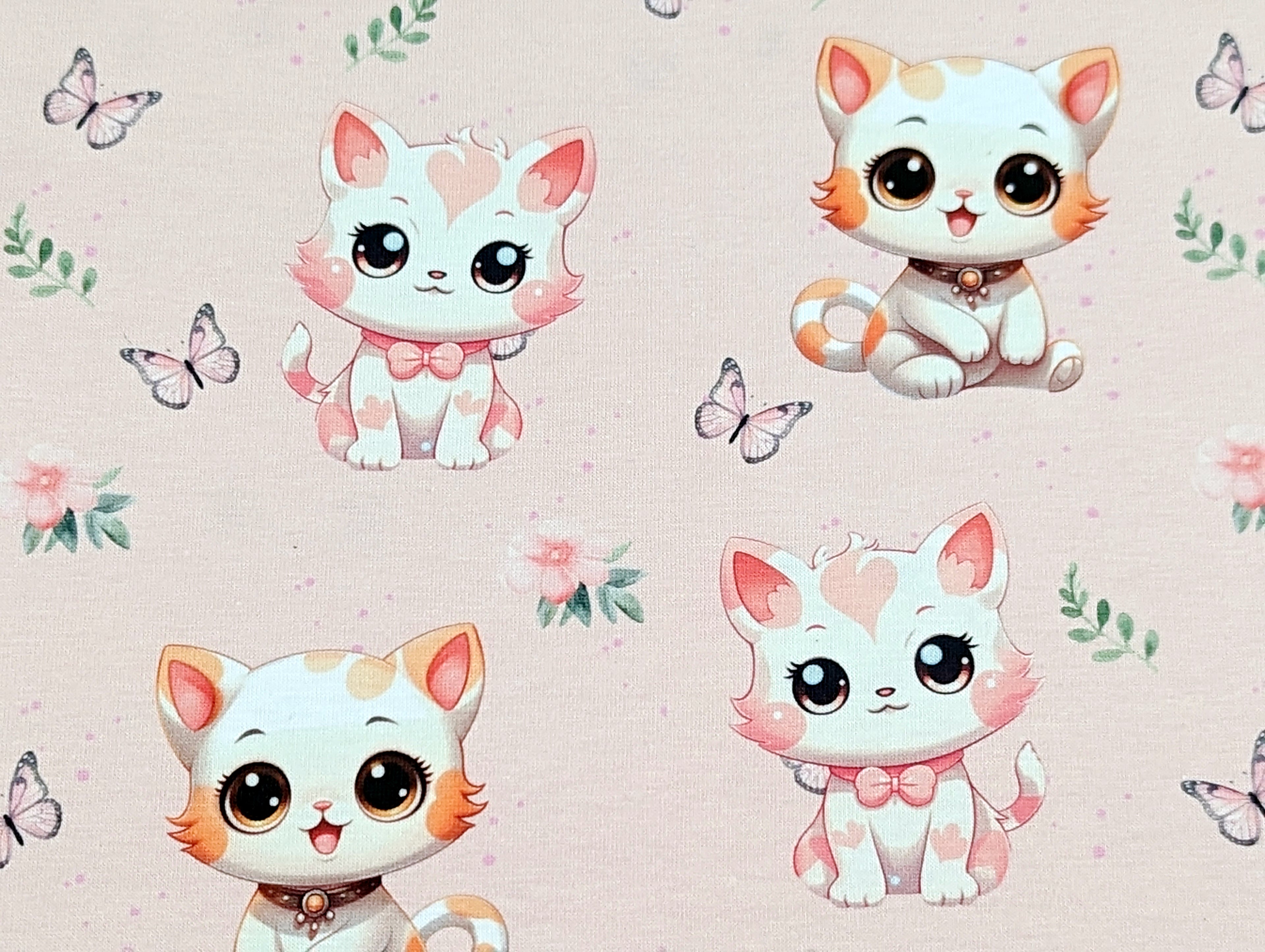 Eigenproduktion Baumwolljersey Katzen Kind mit Schmetterlingen Hellrosa
