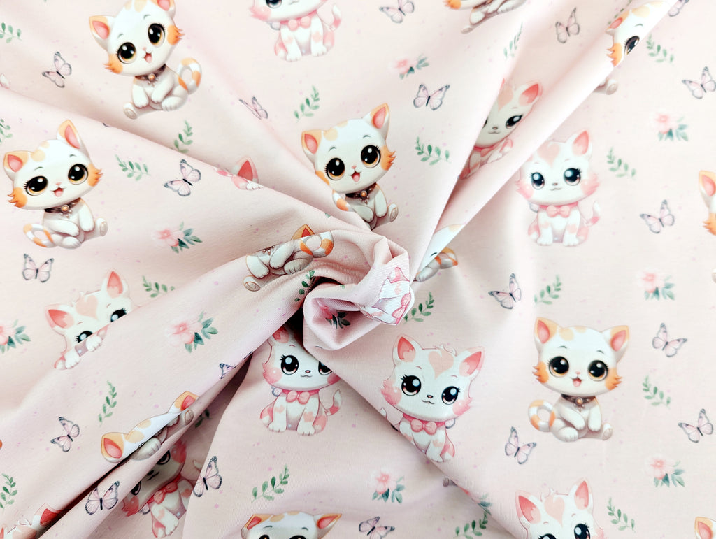 Eigenproduktion Baumwolljersey Katzen Kind mit Schmetterlingen Hellrosa