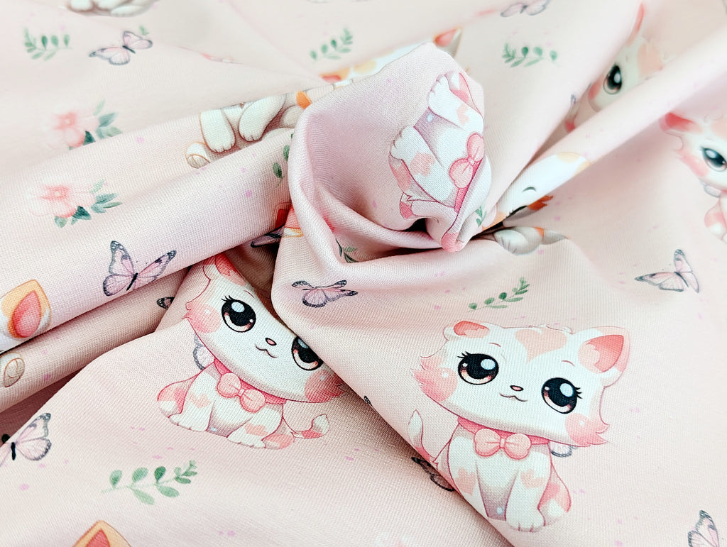 Eigenproduktion Baumwolljersey Katzen Kind mit Schmetterlingen Hellrosa