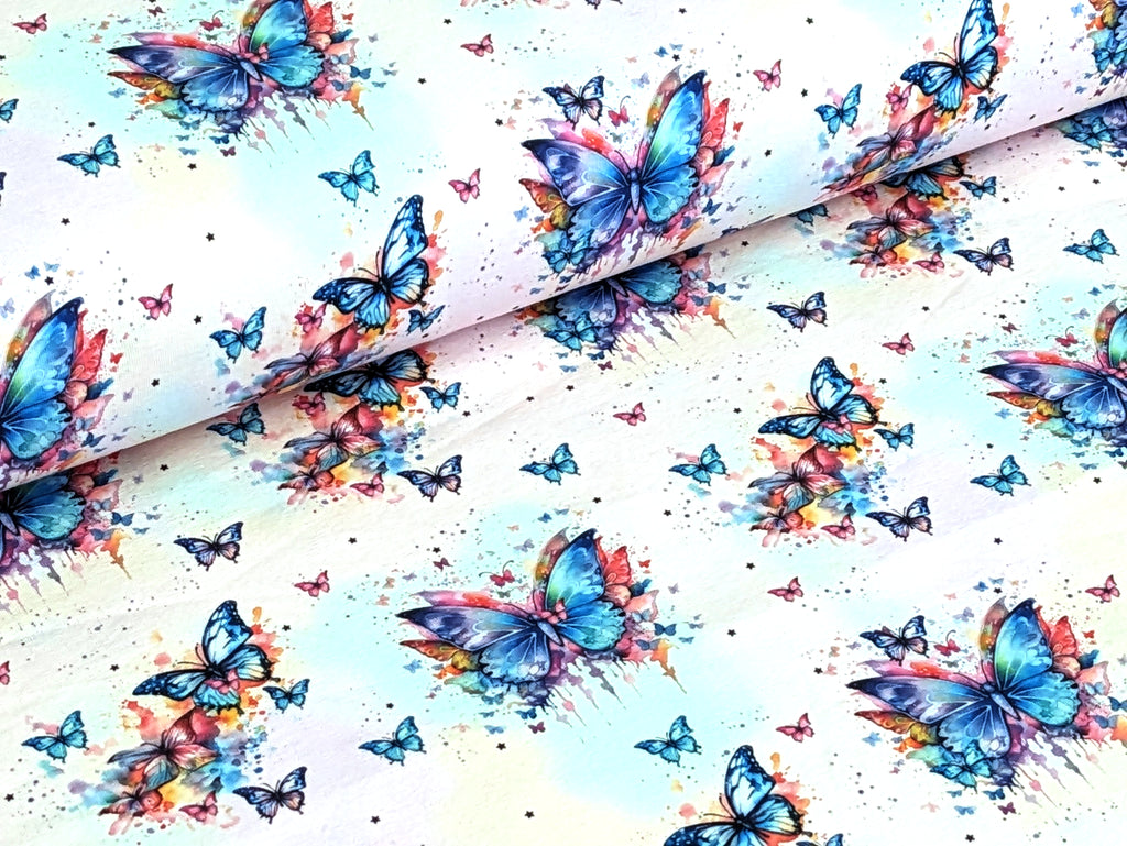 Eigenproduktion Baumwolljersey Regenbogen Schmetterling auf Hellrosa