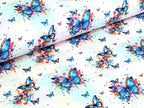 Eigenproduktion Baumwolljersey Regenbogen Schmetterling auf Hellrosa