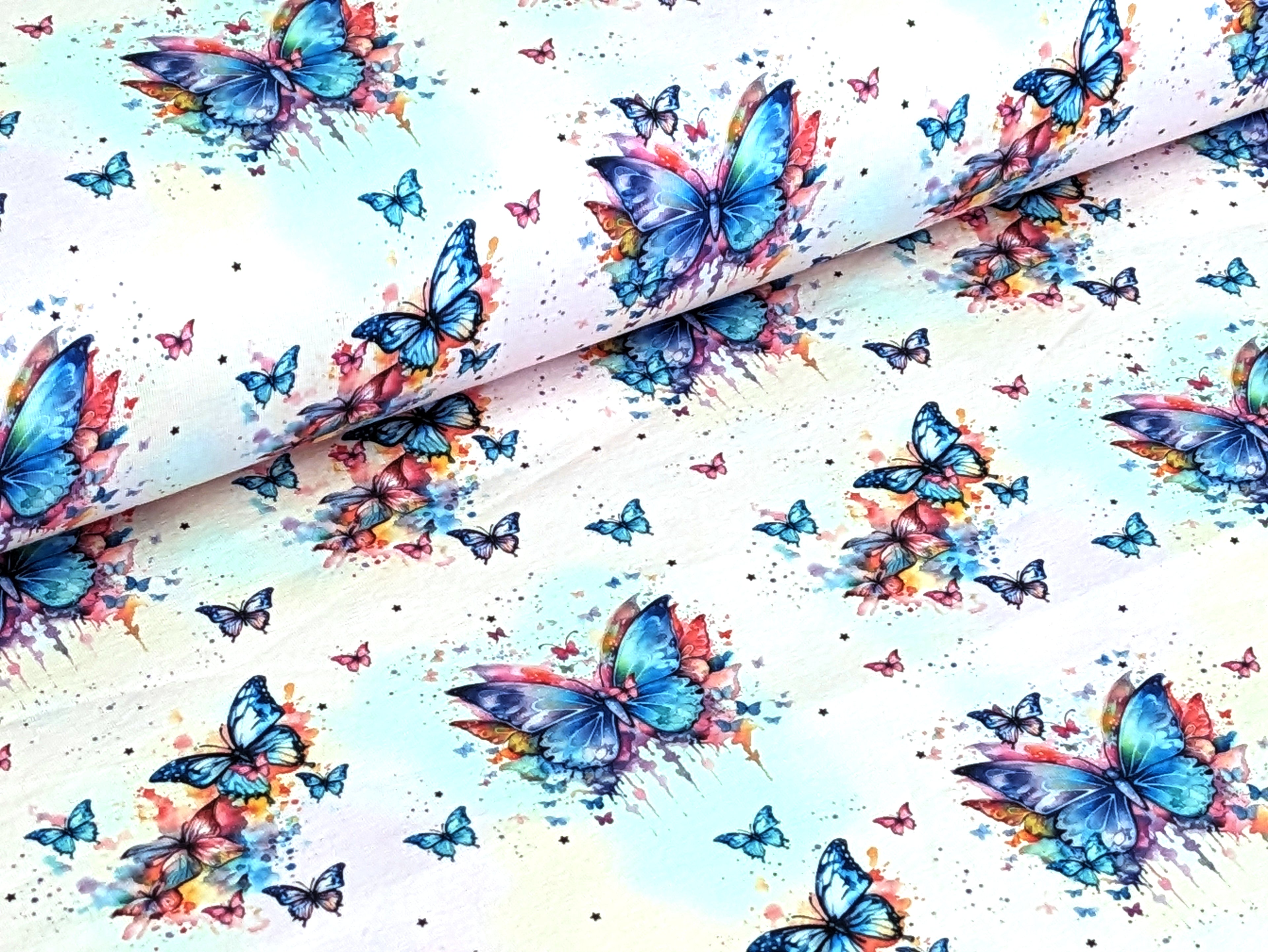 Eigenproduktion Baumwolljersey Regenbogen Schmetterling auf Hellrosa