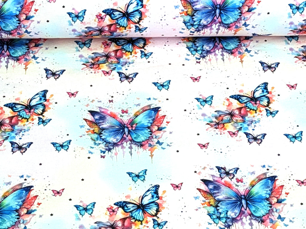 Eigenproduktion Baumwolljersey Regenbogen Schmetterling auf Hellrosa
