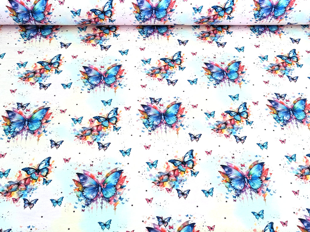 Eigenproduktion Baumwolljersey Regenbogen Schmetterling auf Hellrosa