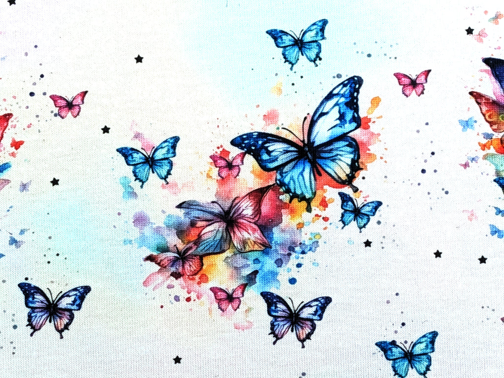 Eigenproduktion Baumwolljersey Regenbogen Schmetterling auf Hellrosa